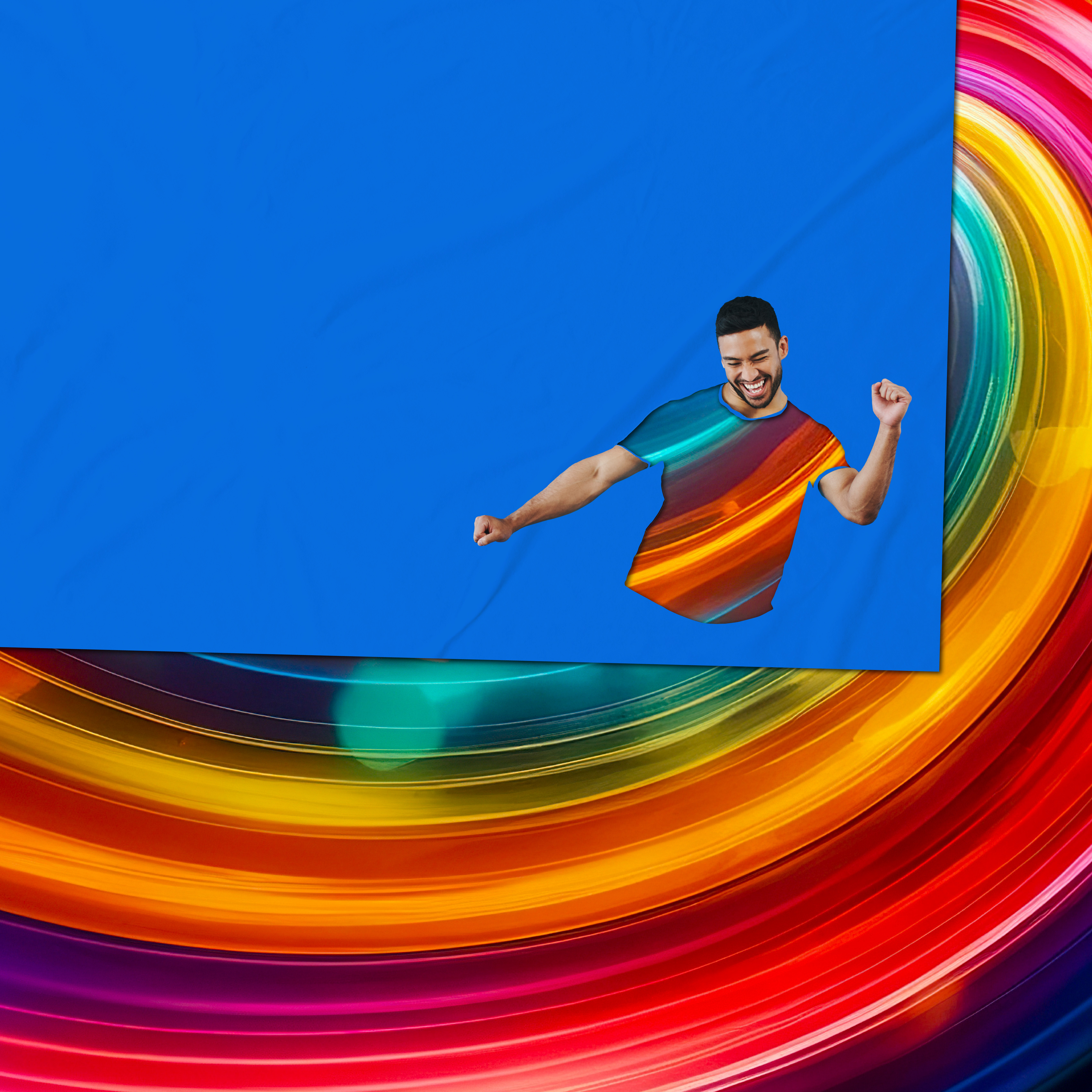 a man with a rainbow swirly background